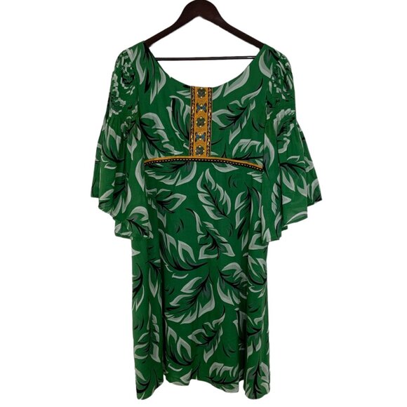 Anthropologie Vanessa Virginia Musa Dress 8 Green Tropical Mini Flare Sleeve - Picture 1 of 12
